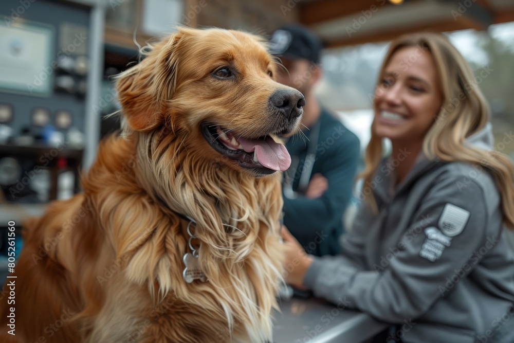 A woman with a Golden Retriever outdoors; two people in the backdrop A woman with a Golden Retriever outdoors; two people in the backdrop
