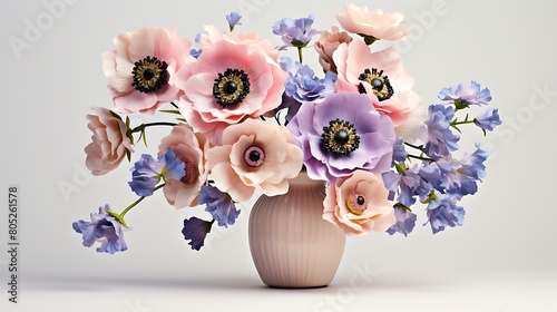 A bouquet of pastel-colored anemone flowers arranged in a vintage vase, evoking a sense of old-world charm. photo