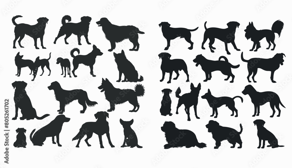 Dog breed silhouettes. Small and large domestic animals or pets represented as dobermans, malamutes, labradors, poodles, shepherds