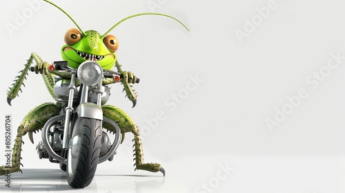 grasshopper riding a motor cycle isolated on white background