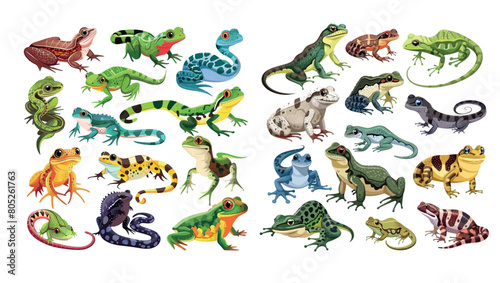 Modern illustration set with reptiles, lizards, frogs, iguanas, and pythons. Modern illustration set with reptiles and lizards.