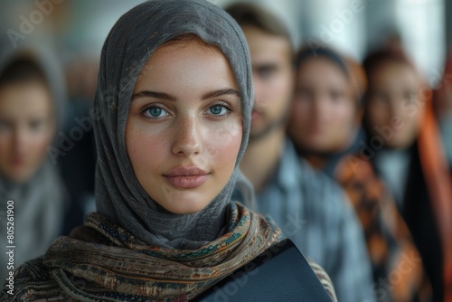 A young woman in a hijab is in focus with blurred people in the background, giving a serene look