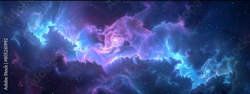 A digital art of a starry sky, with swirling clouds and vibrant blue hues representing the vastness of space. The stars form intricate patterns in shades of purple.