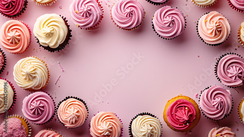 Frame made of tasty cupcakes on color background