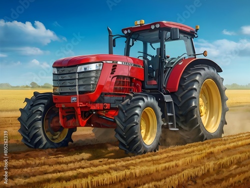red tractor on a field An ultra-HD digital illustration of a powerful tractor  meticulously rendered with intricate details and realistic textures  set against a dynamic background showcasing the vast