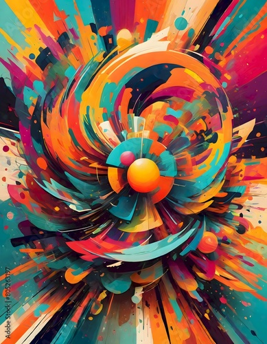 Abstract burst of colorful lines radiating from center, with varying thickness, creating a sense of movement and energy, ranging from warm orange and reds to cooler blue and greens, Generative AI. (ID: 805263197)