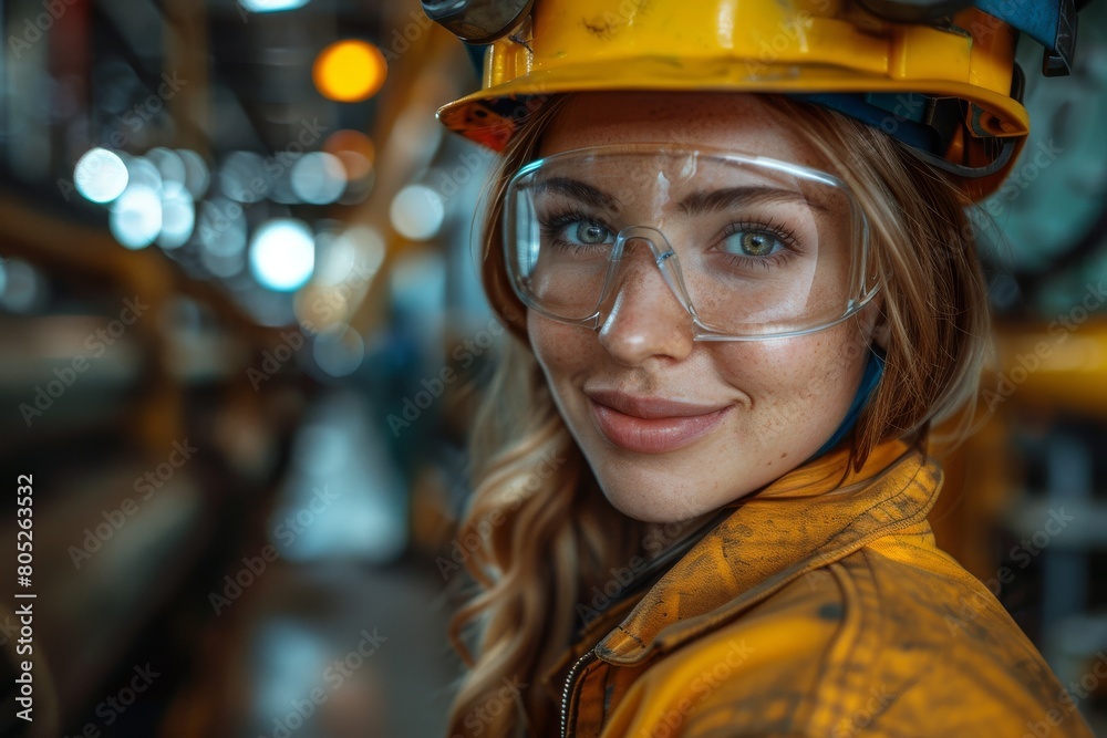 Smiling female engineer with safety glasses and a yellow safety helmet in an industrial setting Smiling female engineer with safety glasses and a yellow safety helmet in an industrial setting