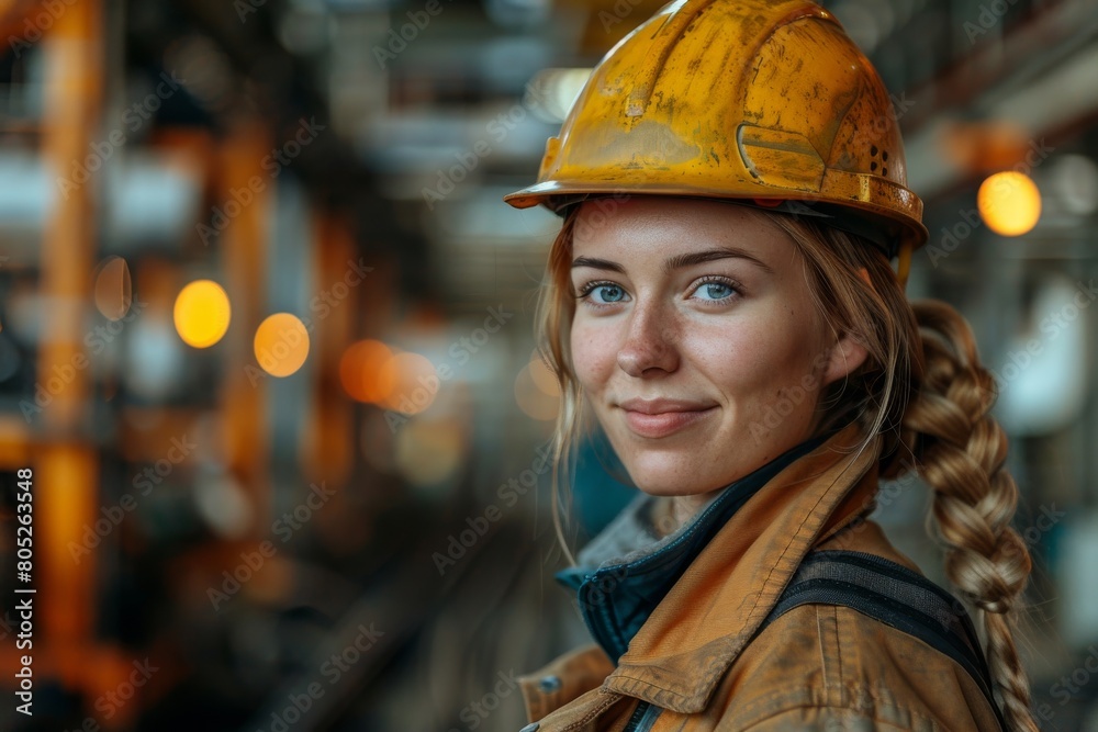 Confident female worker in a brown jumpsuit with a safety helmet in an industrial plant setting Confident female worker in a brown jumpsuit with a safety helmet in an industrial plant setting
