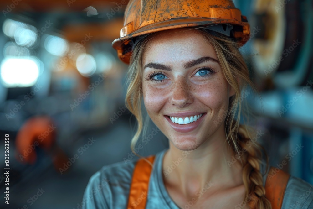 Cheerful young industrial female worker with safety helmet and goggles in a manufacturing facility