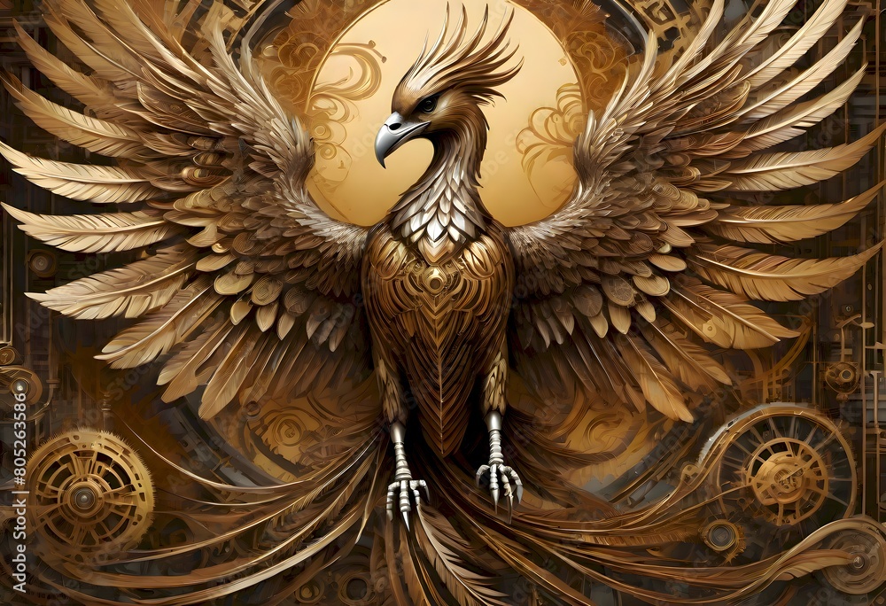 Obraz premium Majestic, mechanical steampunk phoenix made of golden metal with wings widely spread, a symbol of rebirth and renewal, adding an aura of mystique and grandeur to the composition, Generative AI.