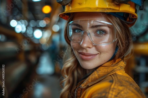 Smiling female engineer with safety glasses and a yellow safety helmet in an industrial setting © Larisa AI