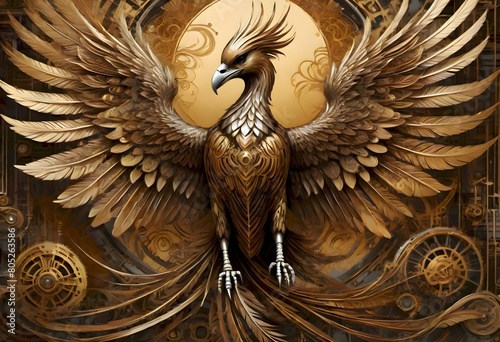 Majestic, mechanical steampunk phoenix made of golden metal with wings widely spread, a symbol of rebirth and renewal, adding an aura of mystique and grandeur to the composition, Generative AI. (ID: 805263586)