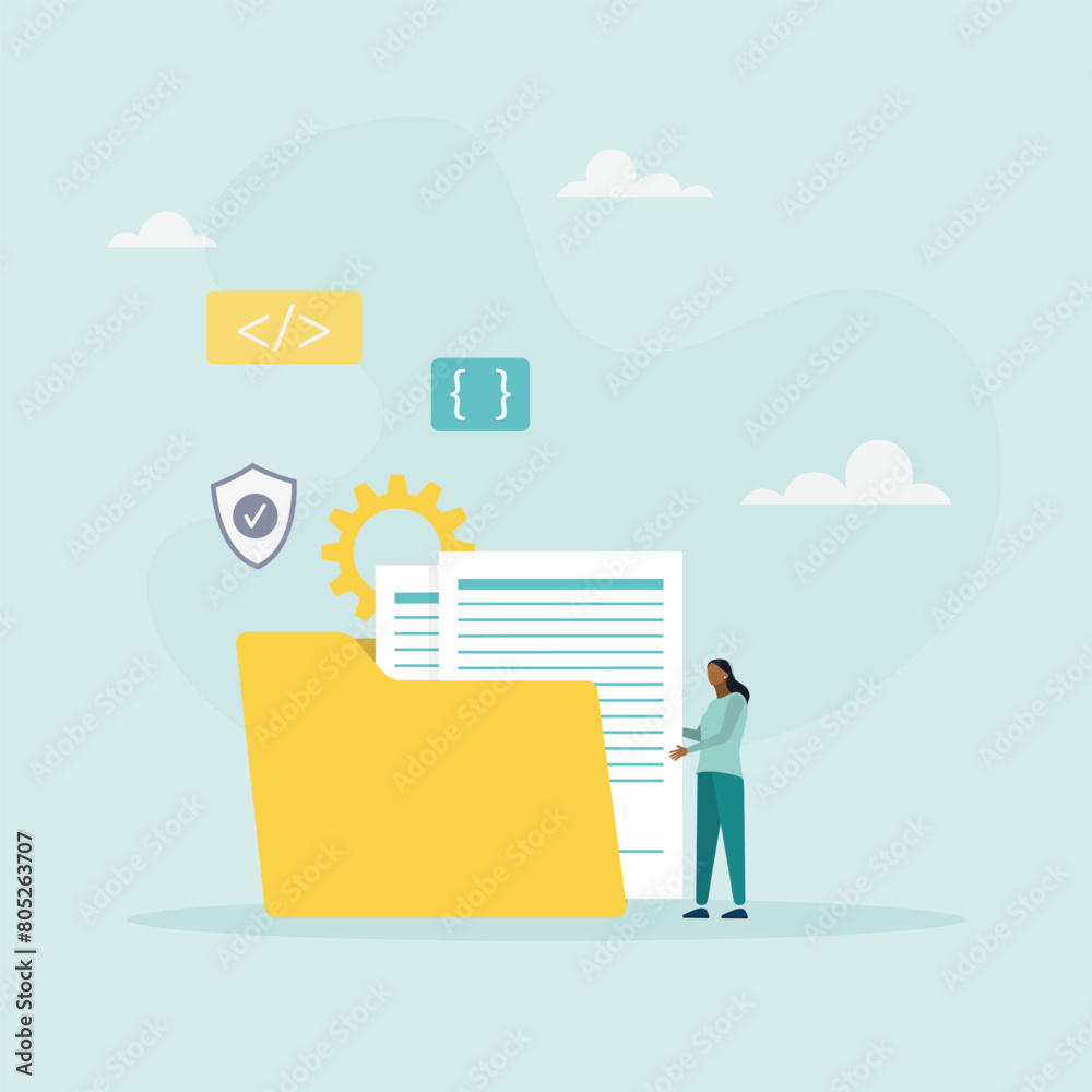 Subscription package, cloud processing, cloud storage, software as a service. Web SaaS concept. The girl is holding a folder with documents. Vector illustration.
Subscription package, cloud processing, cloud storage, software as a service. Web SaaS concept. The girl is holding a folder with documents. Vector illustration.