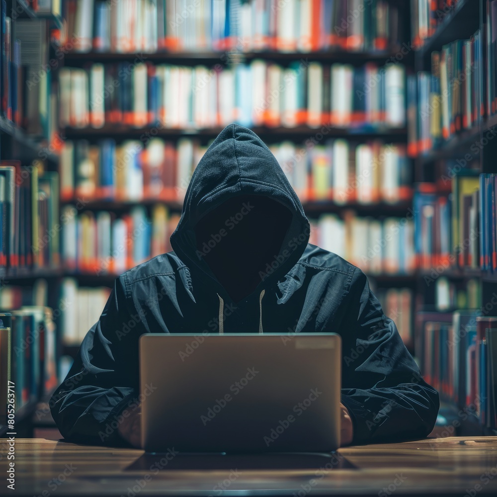 Mysterious person in a hoodie sitting in front of a laptop in a library, evoking a concept of anonymity, cybersecurity, or digital privacy. Mysterious person in a hoodie sitting in front of a laptop in a library, evoking a concept of anonymity, cybersecurity, or digital privacy.