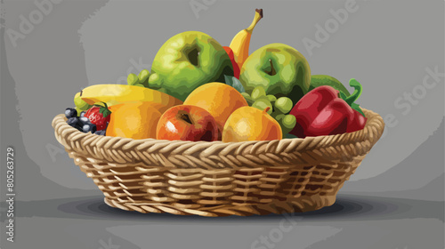 Wicker bowl with different fresh fruits and vegetable