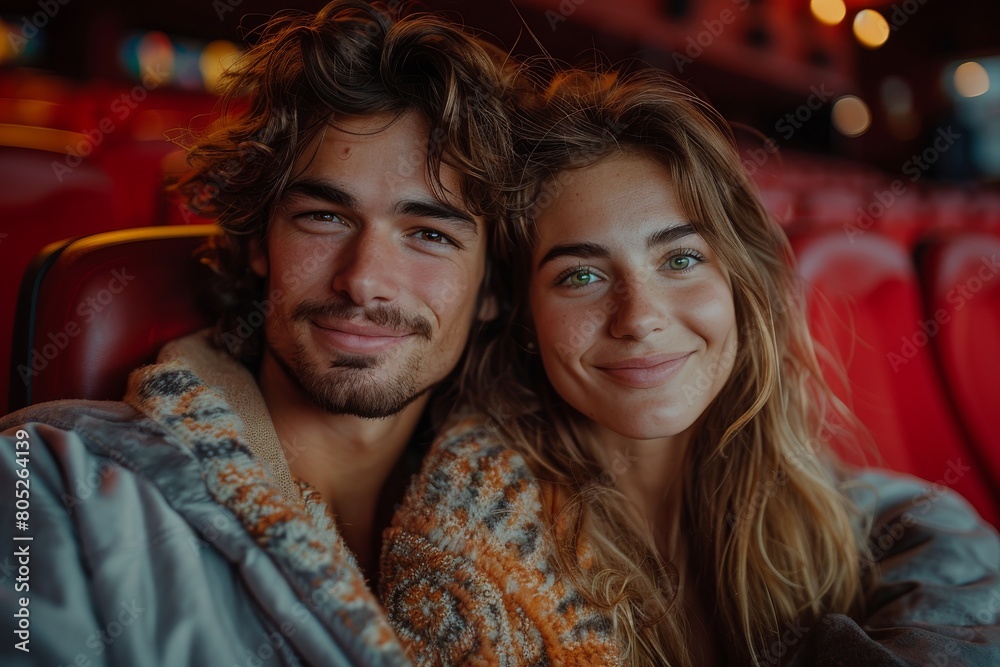 Attractive young couple sharing a smile while sitting in red theatre seats, enjoying a moment together Attractive young couple sharing a smile while sitting in red theatre seats, enjoying a moment together