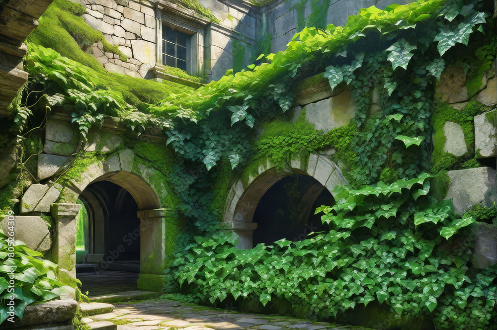 An abandoned building overgrown with green plants. AI An abandoned building overgrown with green plants. AI