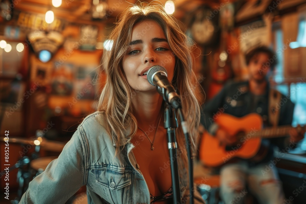 Woman with undone hairstyle performing a song with a musician playing the guitar in the background Woman with undone hairstyle performing a song with a musician playing the guitar in the background