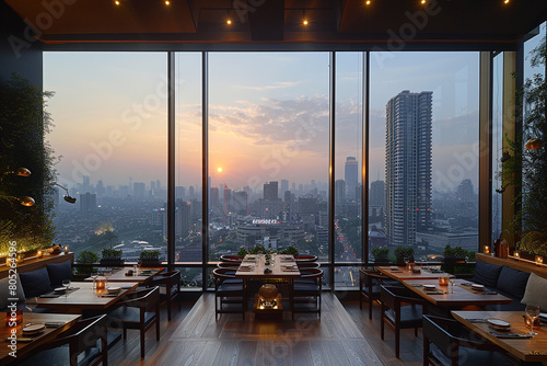 A chic dining space with sleek glass panels providing panoramic views of a bustling city skyline  offering guests a sophisticated and cosmopolitan dining experience.