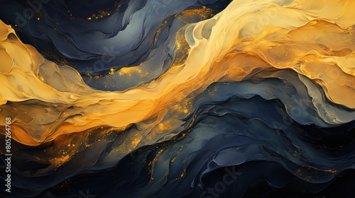 Minimalistic Art of Indigo and Gold Paint Brush Stroke Curvy Background
