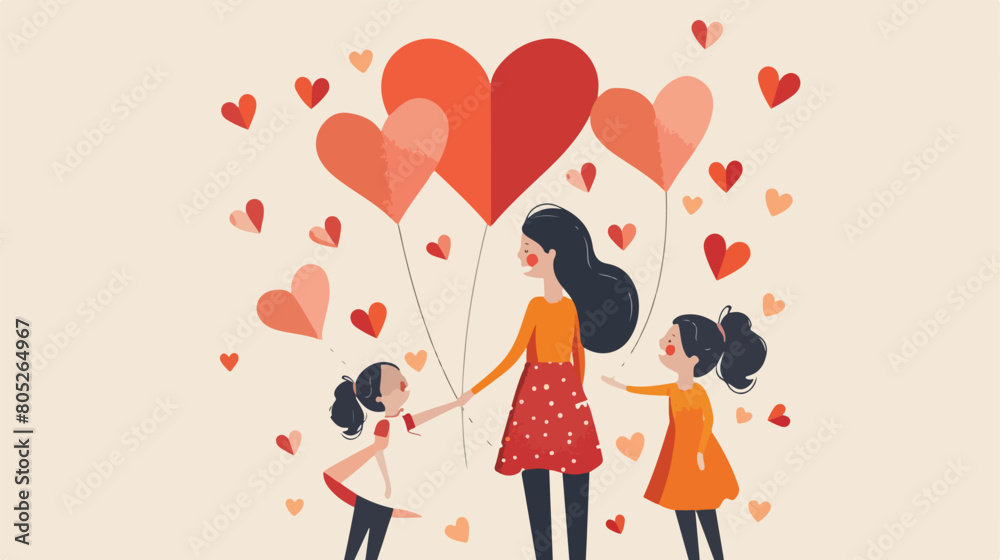 Woman and her little daughters with hearts on light background