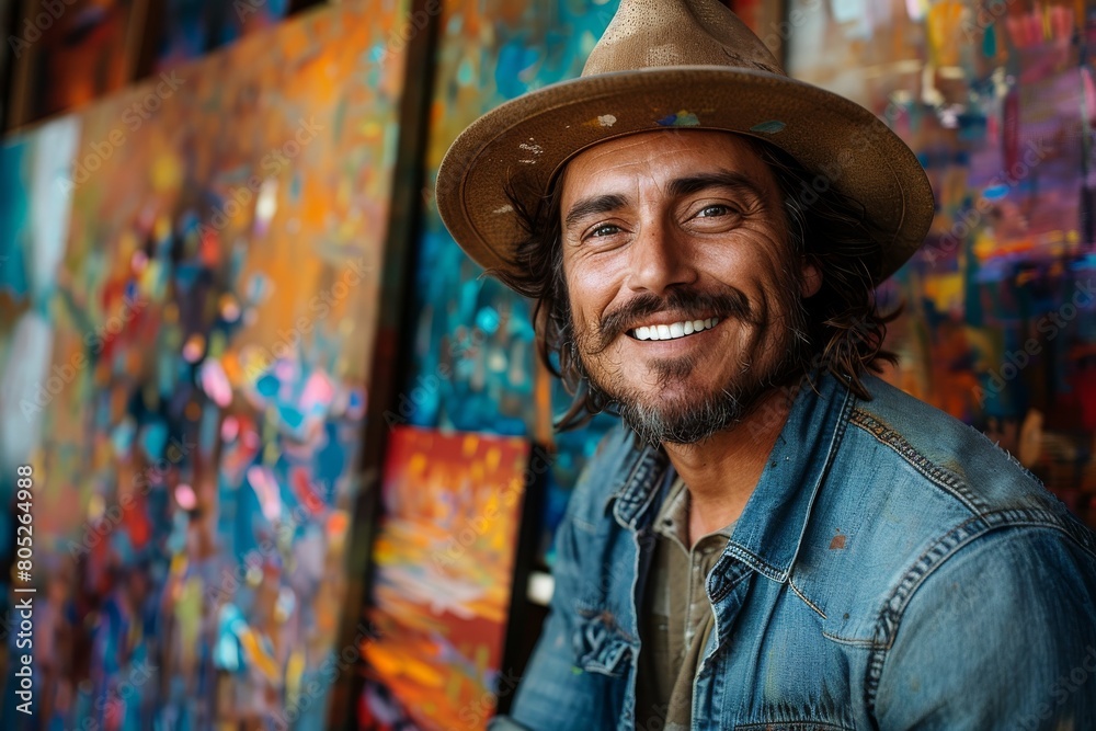 Artist with a hat smiling confidently in his studio with a background of vivid abstract paintings Artist with a hat smiling confidently in his studio with a background of vivid abstract paintings