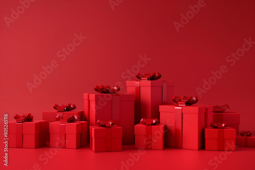 Valentine's Day red gift boxes in red isolated background. © Farid