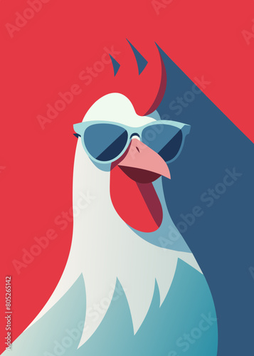 Creative animal concept. Chicken hen in sunglass shade glasses isolated on solid pastel background, commercial, editorial advertisement, surreal surrealism.