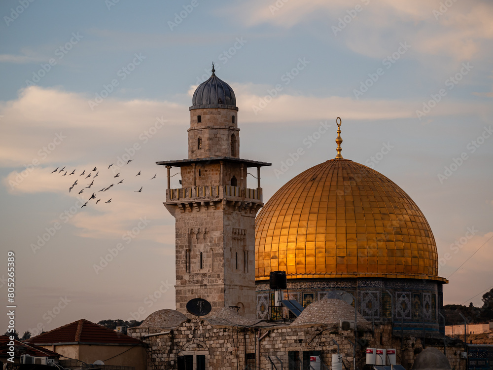 Birds flying around the dome of the Rock at sunset