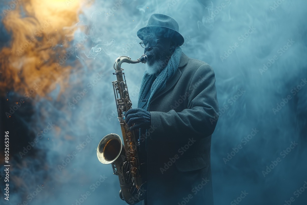 Obraz premium A mysterious silhouette of a jazz musician plays the saxophone within swirls of smoke, creating a moody, artistic scene