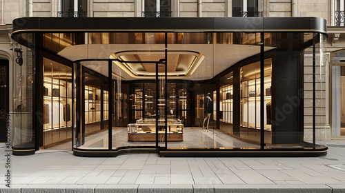 A glamorous  high-end fashion boutique with a sleek  black glass fa    ade and a elegant  gold accents