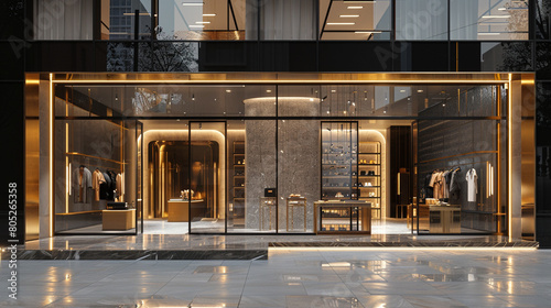 A glamorous, high-end fashion boutique with a sleek, black glass faÃ§ade and a elegant, gold accents photo