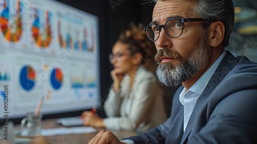 Visualize a strategic meeting in a high-tech office where a presenter uses a large digital touchscreen to outline data-driven strategies.