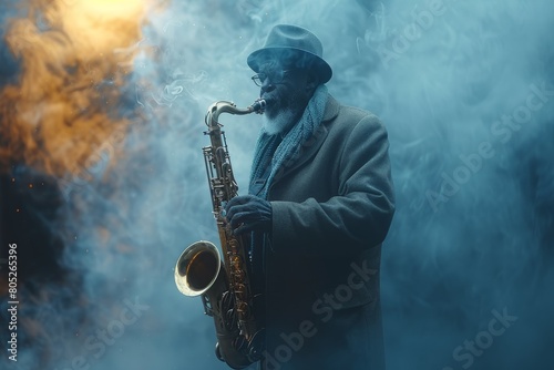 A mysterious silhouette of a jazz musician plays the saxophone within swirls of smoke  creating a moody  artistic scene