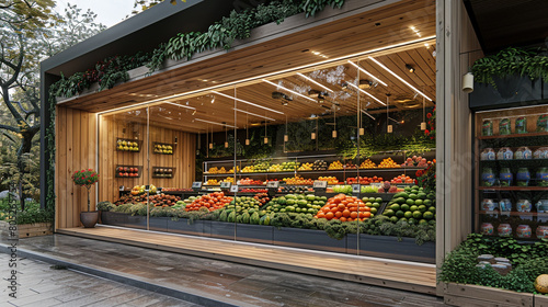 A modern, eco-friendly grocery store with a natural, wood-accented exterior and a large, window display featuring fresh produce