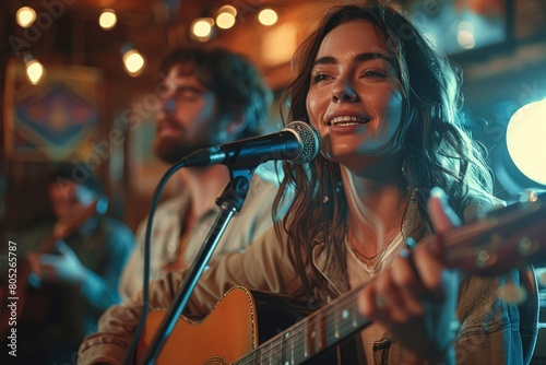 Female singer joyfully performing with a guitar in a cozy venue filled with warm lights © Larisa AI