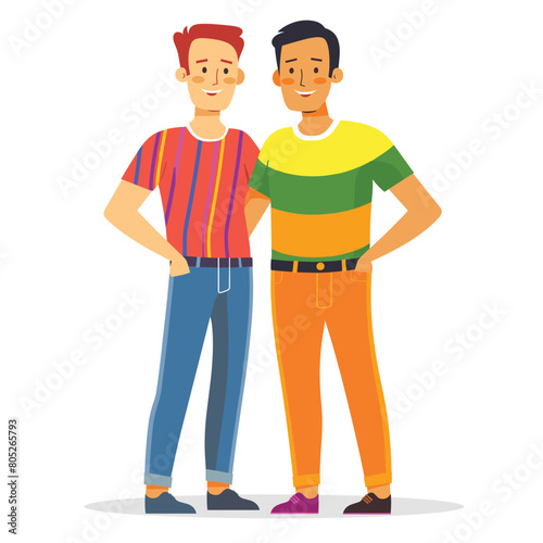 Two cartoon male friends standing together smiling. Adult characters, casual clothing, friendship concept, flat design illustration