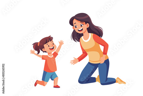 Cheerful little 5s girl play with young mother in modern bedroom in morning Family enjoy active games on weekend leisure at home having fun running moving along cozy room covered with white plaids
