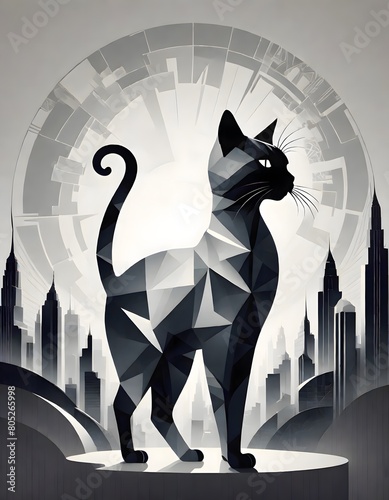 Large, stylized abstract black and white cat made up of geometric shapes, against intricate modern city skyline, Generative AI. (ID: 805265998)