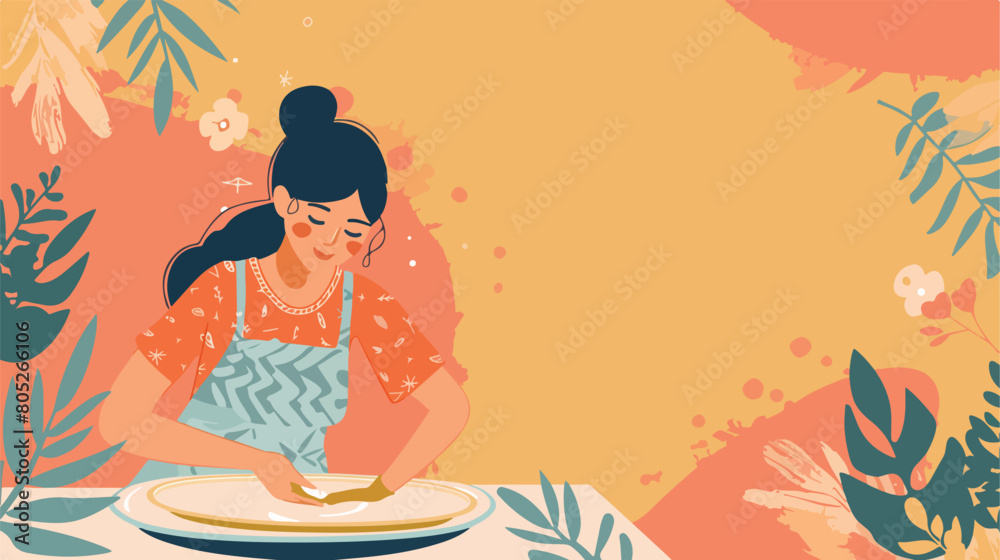 Woman cleaning plate on color background style