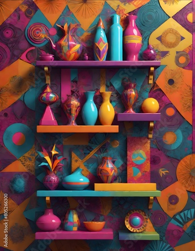Vibrant and whimsical display of various objects on uniquely shaped pink and orange shelves against a decorated purple wall, Generative AI. (ID: 805266300)