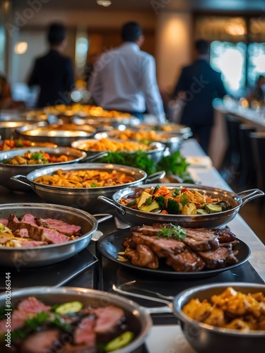 Gastronomic Affair, Indoor Catering Buffet in Restaurant Highlighting Delicious Grilled Meat Options.