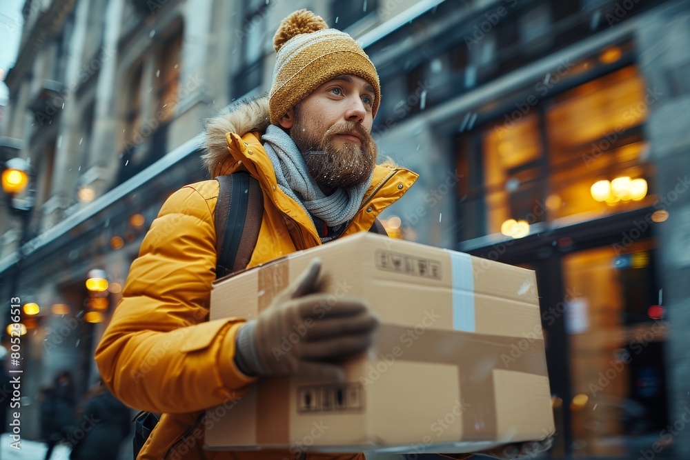 A bearded man in a yellow winter coat holds a package tightly on a snowy city street A bearded man in a yellow winter coat holds a package tightly on a snowy city street