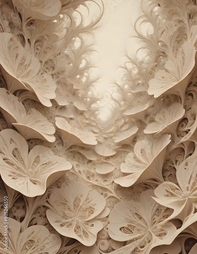 Monochromatic beige floral carving or sculpture, highlighting the depth and texture, surrounded by an elaborate design of leaves, vines, and smaller flowers, Generative AI. (ID: 805266550)