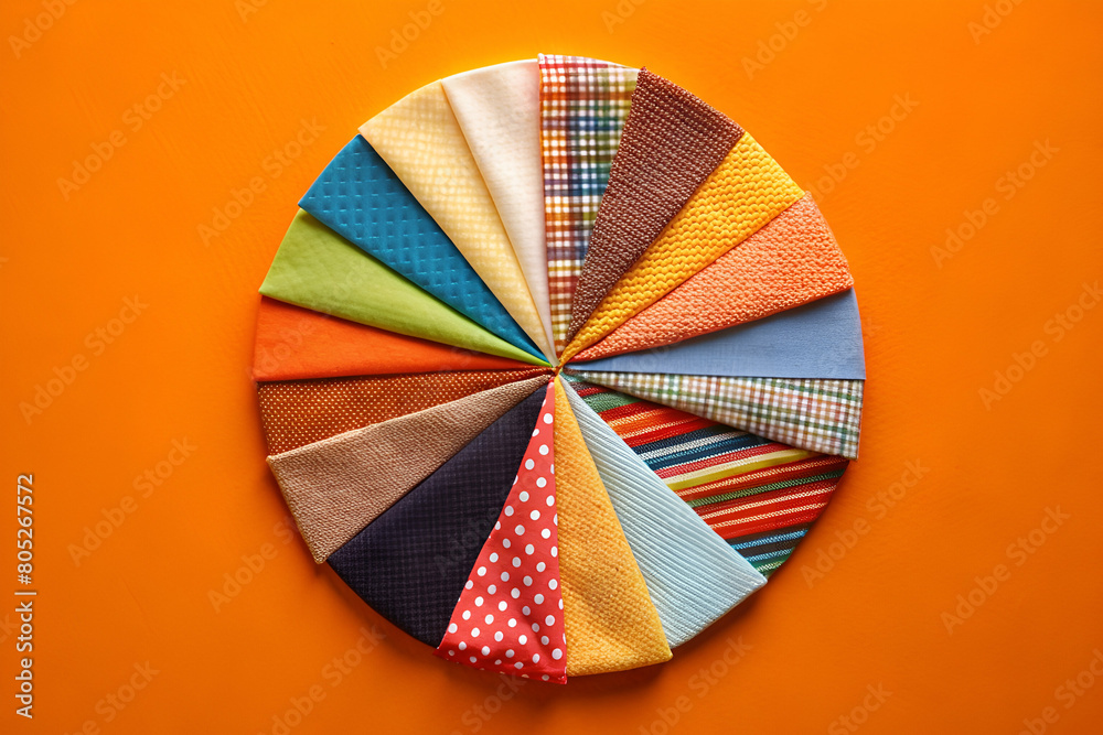 Artistic Shot of a Colorful Pie Chart Made of Different Textures of Fabric Artistic Shot of a Colorful Pie Chart Made of Different Textures of Fabric