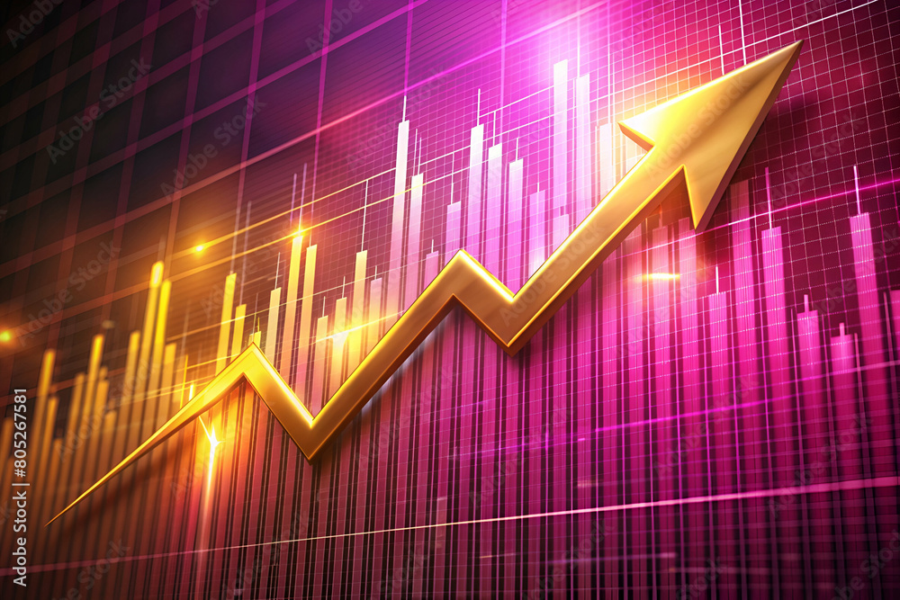Artistic Rendering of a Golden Arrow Pointing Upwards on a Vivid Pink Stock Chart Artistic Rendering of a Golden Arrow Pointing Upwards on a Vivid Pink Stock Chart