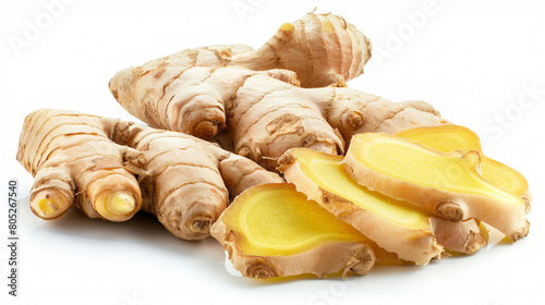 Fresh ginger with slices on white background photo