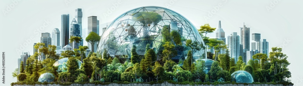 A city is surrounded by a dome of trees and plants