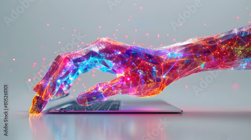 3D Flat Icon: Creative Command Hand on Laptop with Abstract Command Lines for Creative Software Solutions for Business Innovation Concept - Isolated on White Background