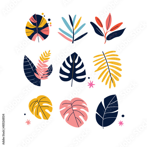 Colorful tropical leaves collection modern graphic design. Abstract botanical illustrations, trendy shapes various plant species assorted. Decorative foliage patterns, stylish flora artwork